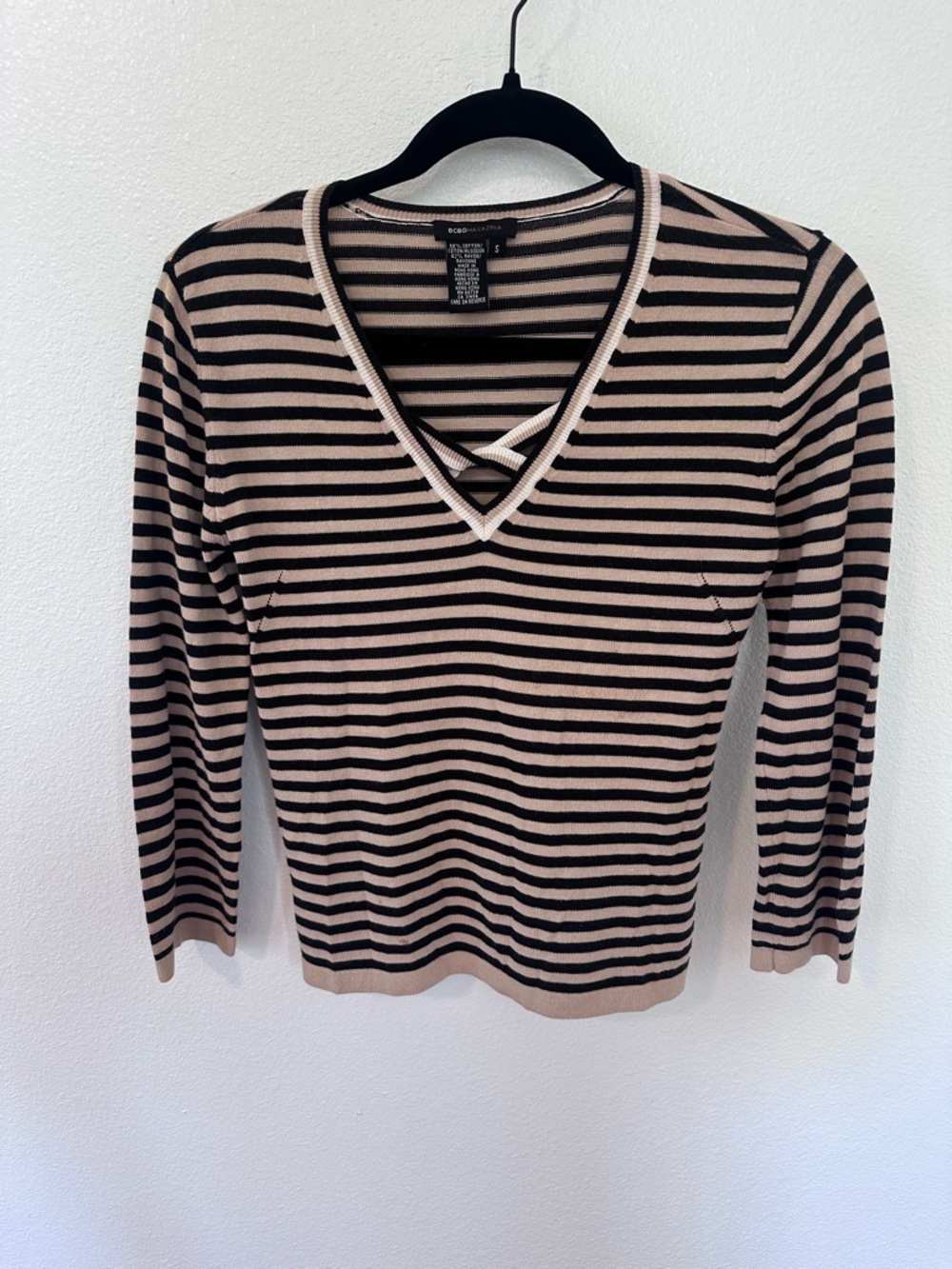 BCBGMaxAzria Black and Beige Striped V-Neck Top